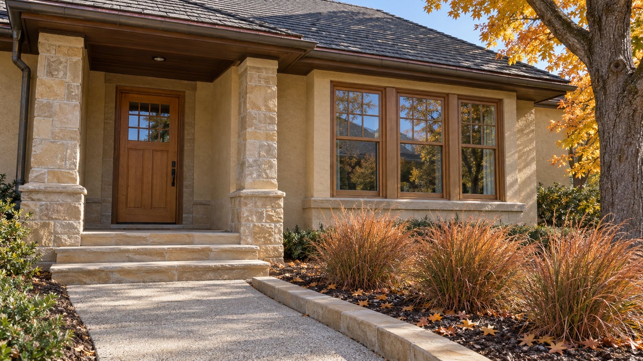 Autumn light across a stucco and sandstone home entrance, wood-framed windows, and a maple-lined garden walk.