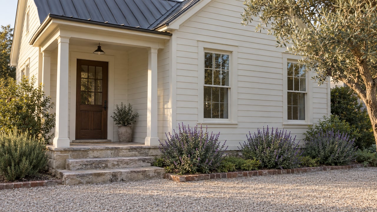 Cream clapboard house with a charcoal metal roof, small porch, gravel approach, and olive tree.