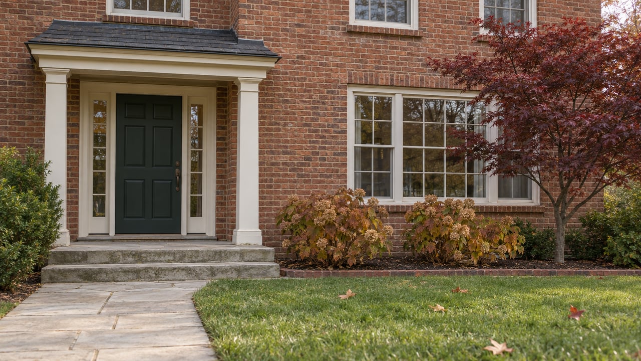 Brick home with a recessed green front door, limestone approach, burgundy Japanese maple and autumn oakleaf hydrangeas.