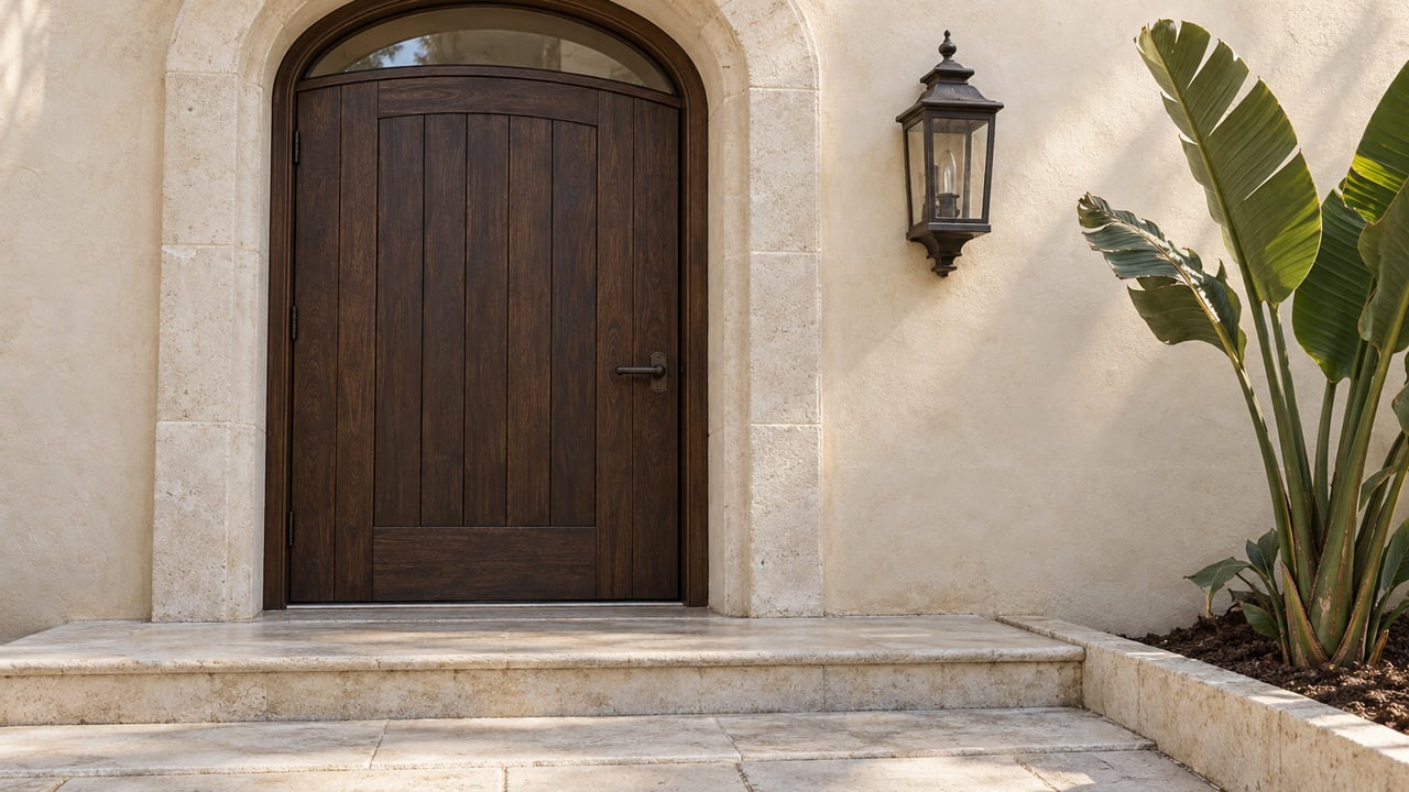Closed dark timber entry door beneath an ivory stucco arch, beside a bronze lantern and bird-of-paradise leaves, above worn limestone steps.