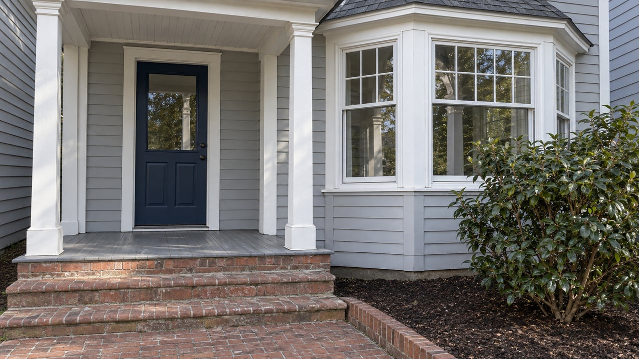 Renovated pale-gray clapboard home with a white porch, navy door, bay windows, worn brick steps, and one glossy-leaved camellia.