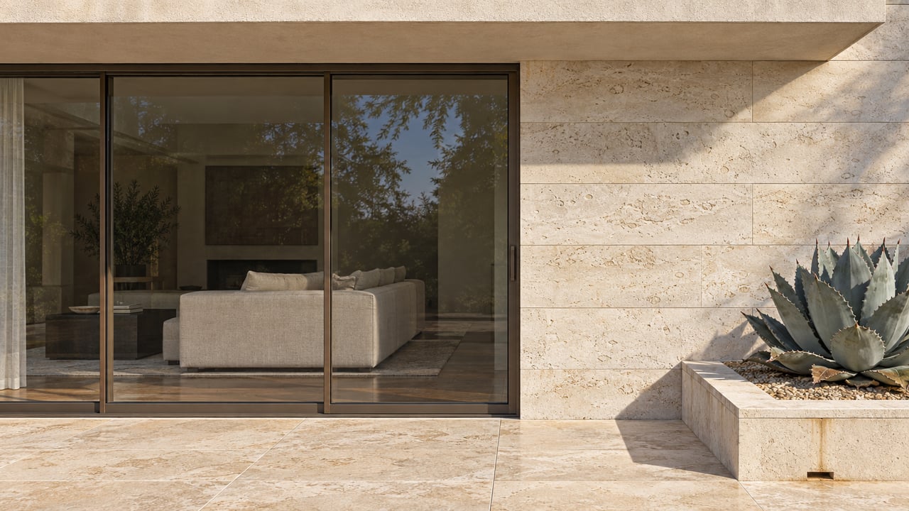 Close view of a luxury villa's bronze-framed glass doors, cream limestone wall and travertine terrace beside a blue-gray agave.