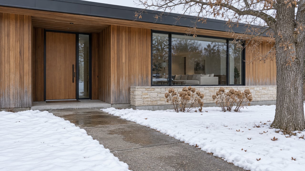 Snow-covered lawn and cleared concrete walk leading to a cedar-clad home with limestone trim, broad windows and a sheltered entry.