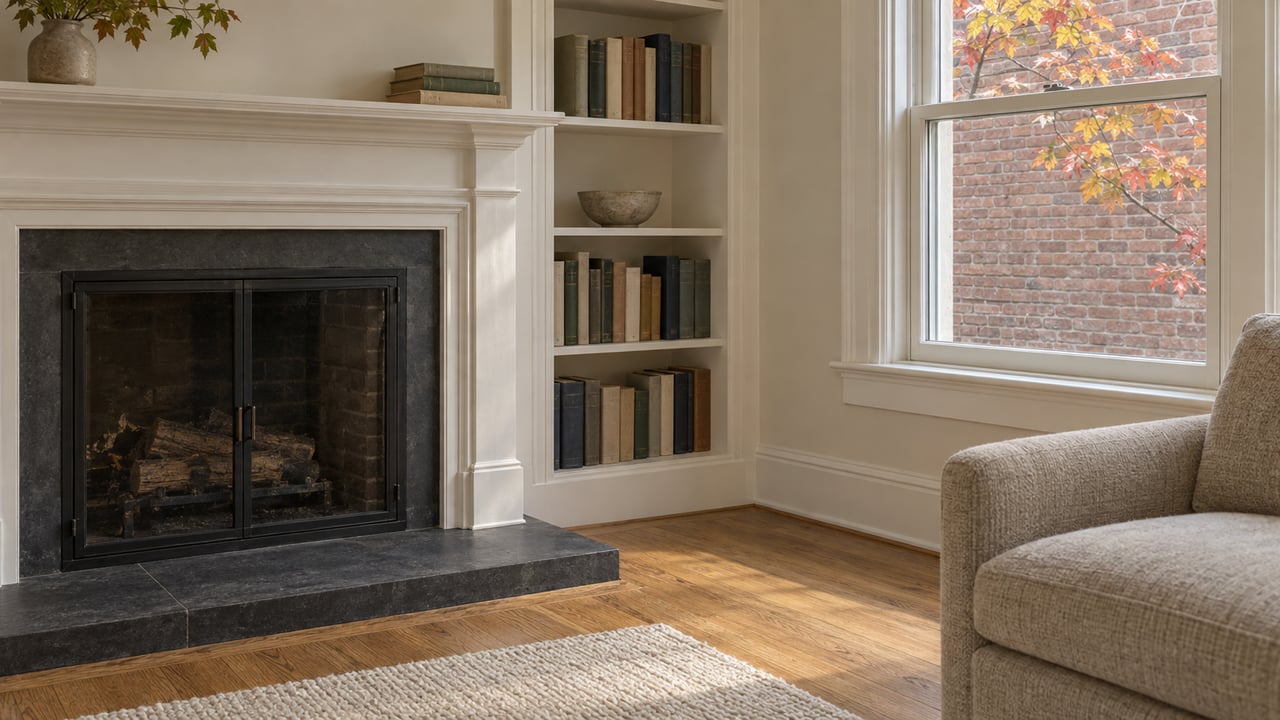 Soft daylight illuminates a traditional fireplace, built-in bookcase and oak floor beside a closed window with autumn leaves outside.