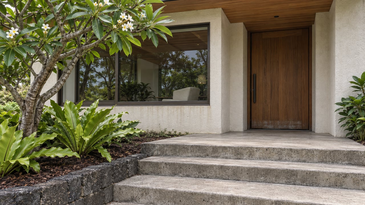Concrete steps and a basalt-edged planting bed lead toward a wood door beneath a deep timber soffit, beside broad glazing and a branching plumeria.