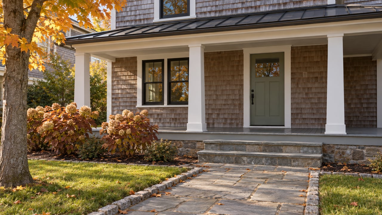 Autumn sunlight on a cedar-shingled home's white-columned porch, sage front door and stone walkway beside oakleaf hydrangeas and a golden sugar maple.
