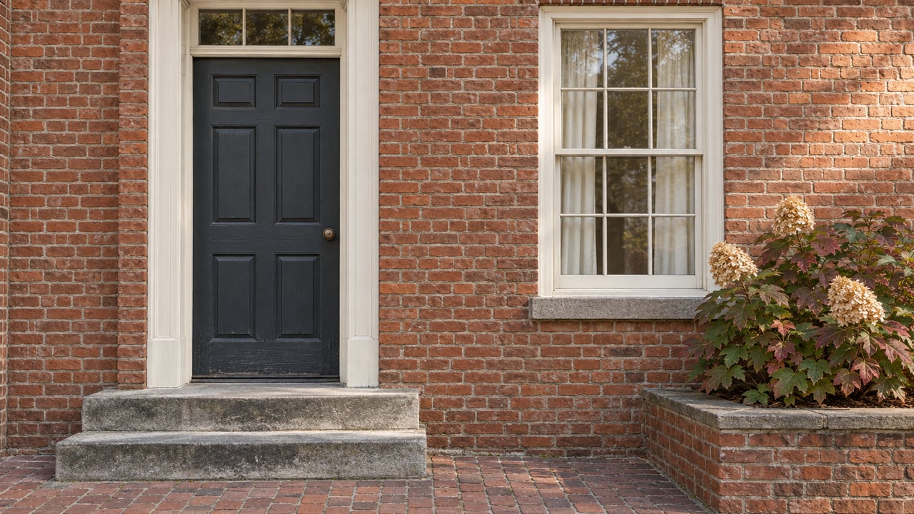 Red brick home entrance with a black door, stone steps, and a hydrangea planter.