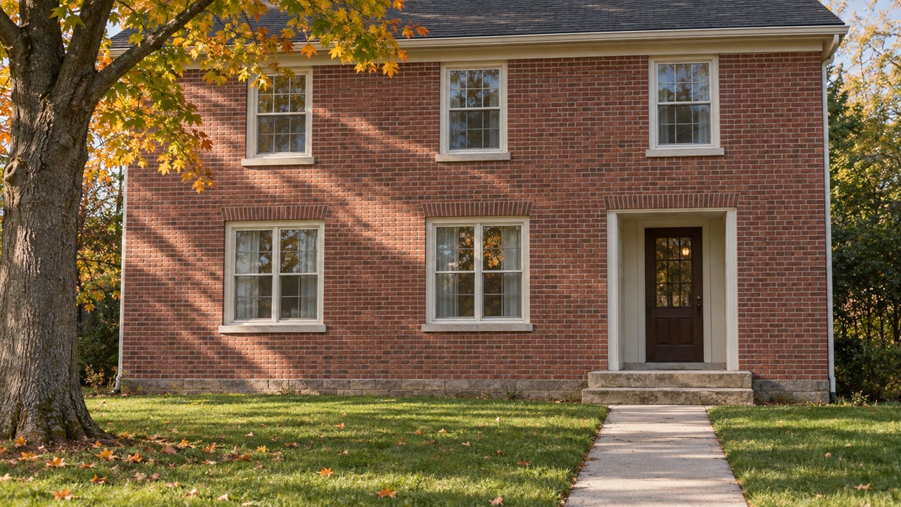 Two-story red-brick house with charcoal gable, recessed front door, concrete walkway, and maple tree at the lawn’s edge.