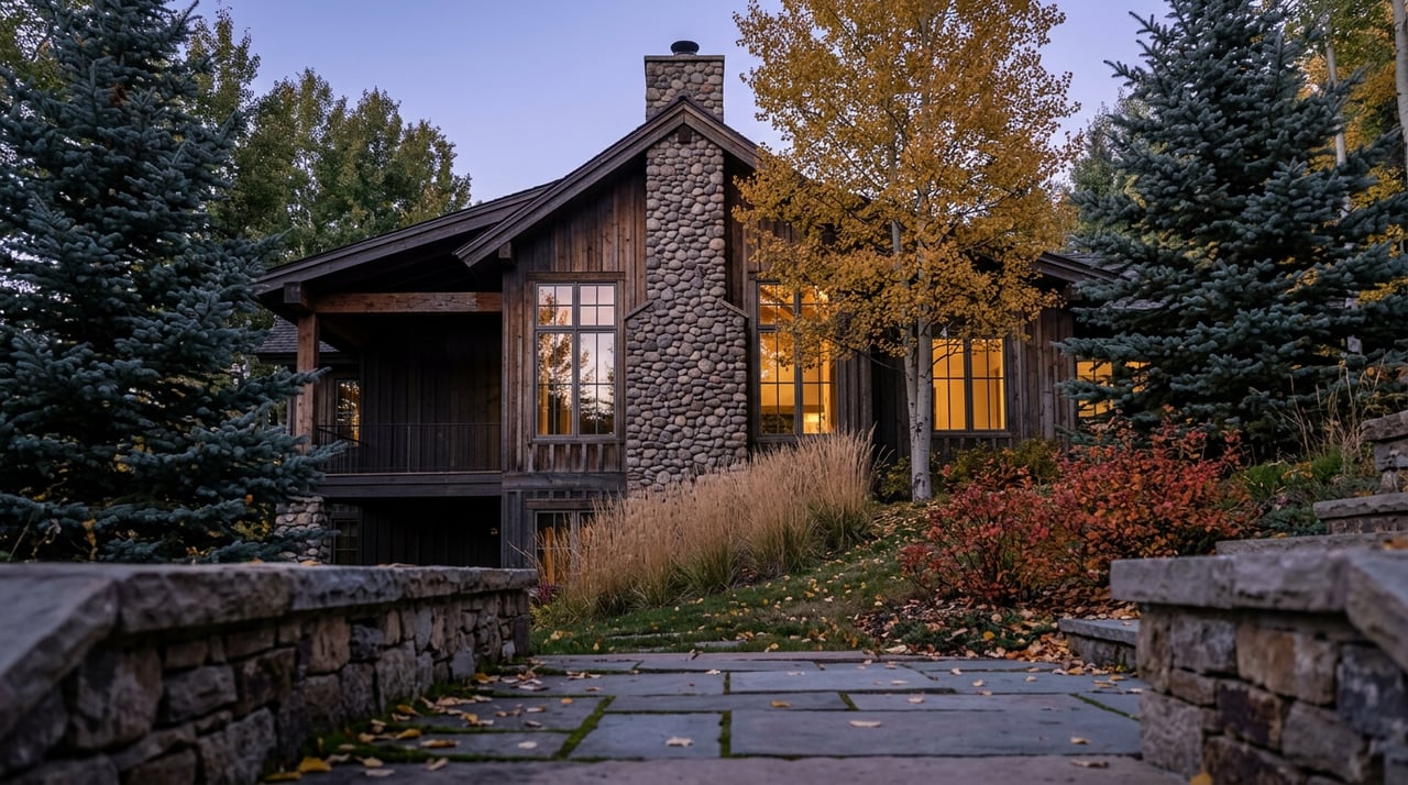 Terraced stone garden below a timber-and-stone mountain home, golden aspen beside glowing windows at dusk.