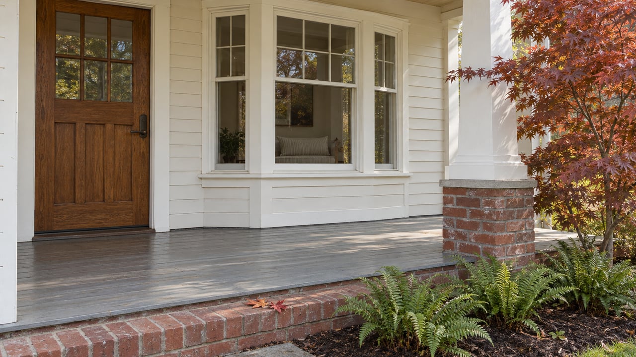Warm-white clapboard porch with an oak entry door, projecting window, brick column base and bronze-red Japanese maple leaves.