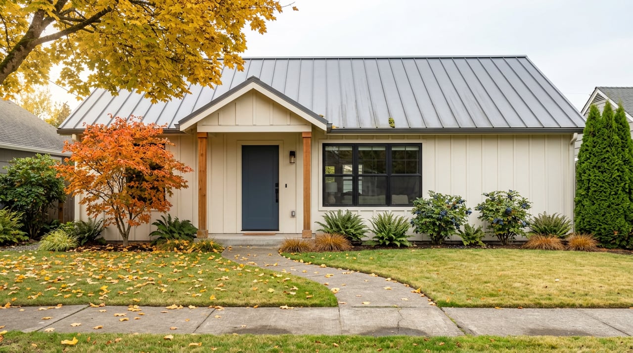 Off-white home with a slate-blue door, curving walkway, fall foliage, and scattered leaves across the lawn.