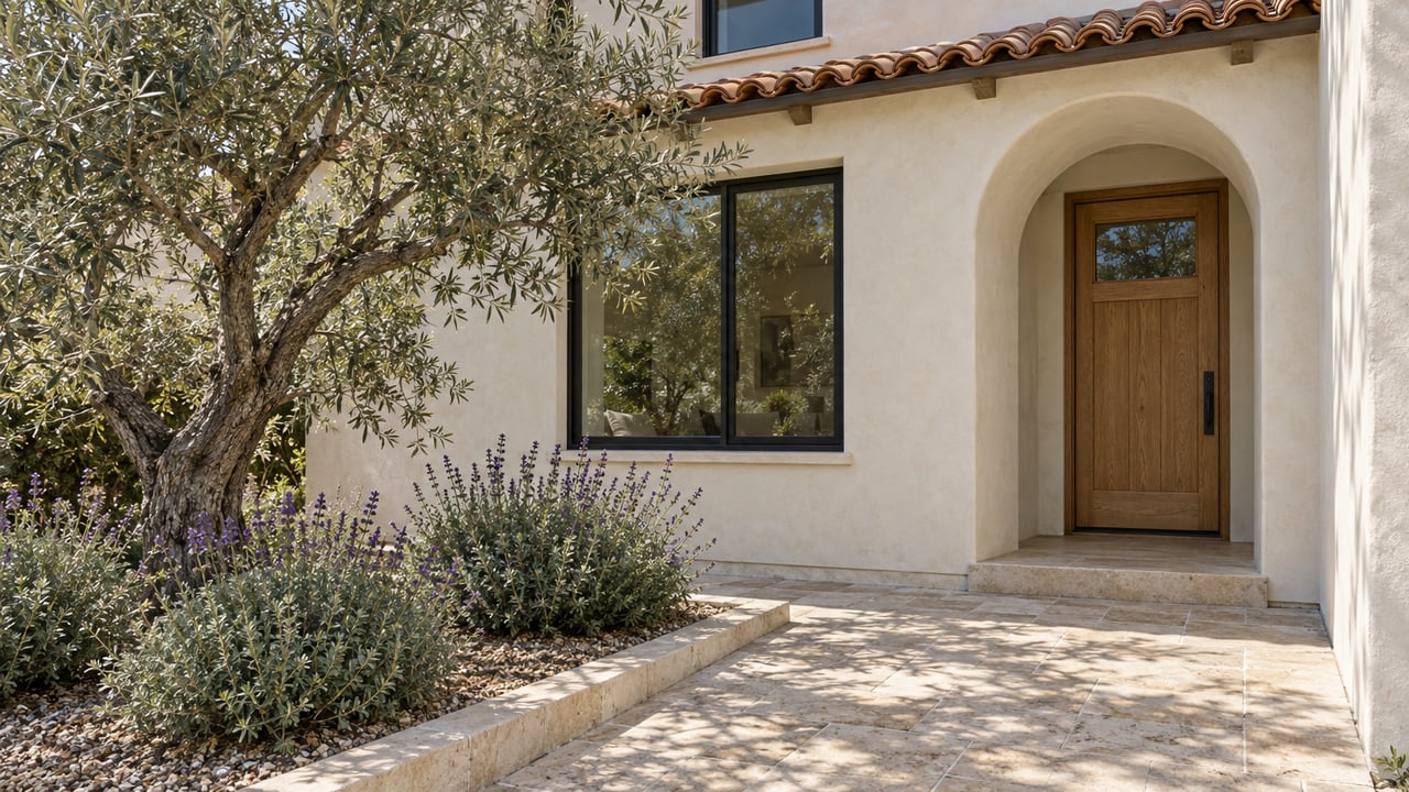 Pale stucco residence with a clay-tile eave, arched oak front door, limestone approach and a sculptural olive tree.