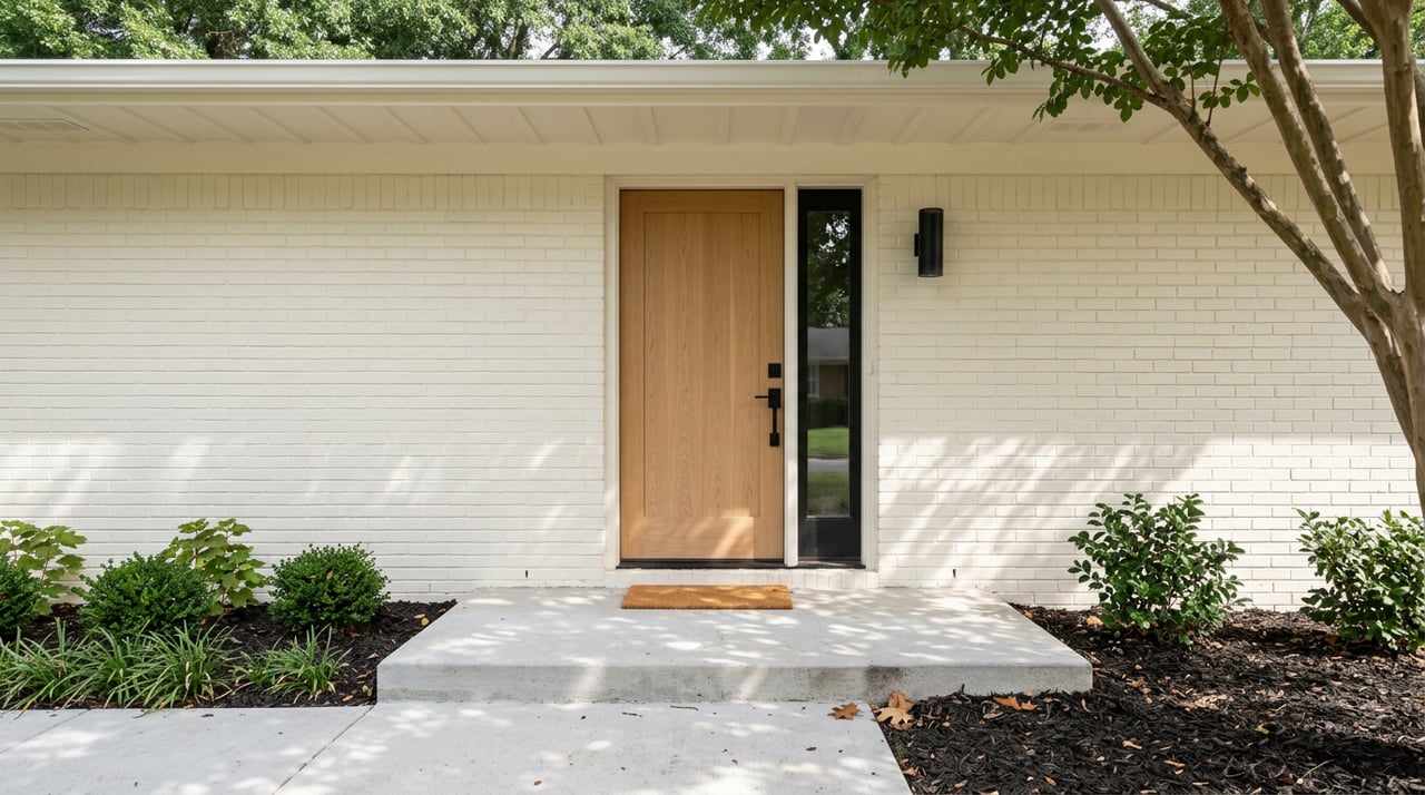 White oak side-entry door with a black sidelight, set in ivory brick beside a mulched garden.