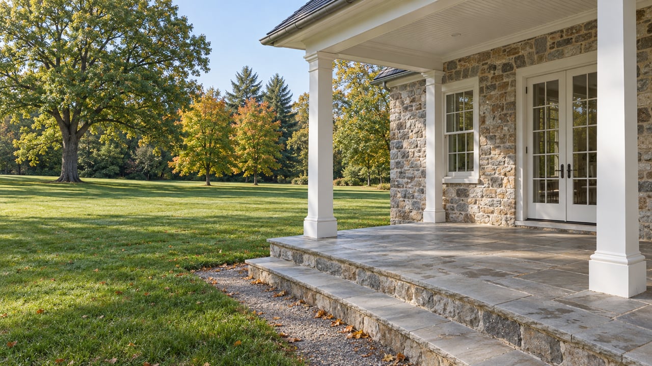 Stone estate house with white veranda columns overlooking a broad lawn and early-autumn trees.