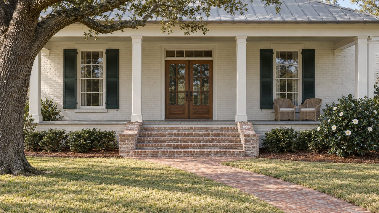 Raised ivory home with a covered timber gallery, dark green shutters, brick steps and a deep lawn beneath a spreading oak limb.