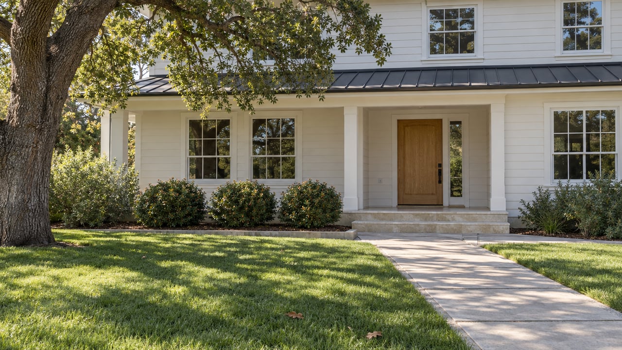 Sunlit white-sided home with a recessed oak entry, limestone steps and a broad lawn beneath a mature oak.