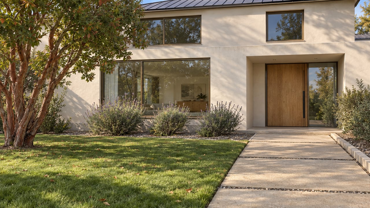 An ivory plaster home with bronze-framed windows and an oak entry beyond a deep lawn, concrete approach, and sculptural strawberry tree.