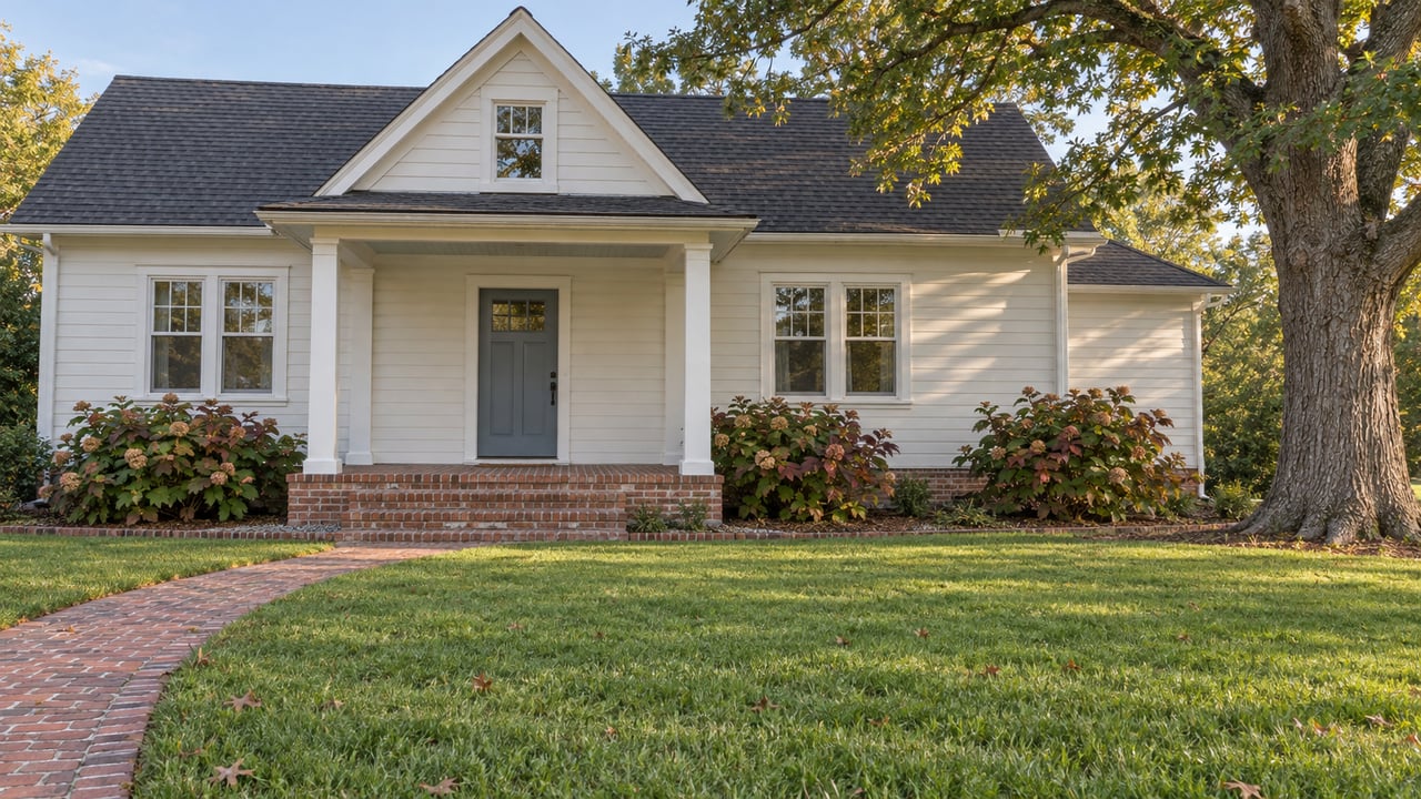 A clapboard home with a brick front walk, broad lawn, covered porch and mature oak in afternoon light.