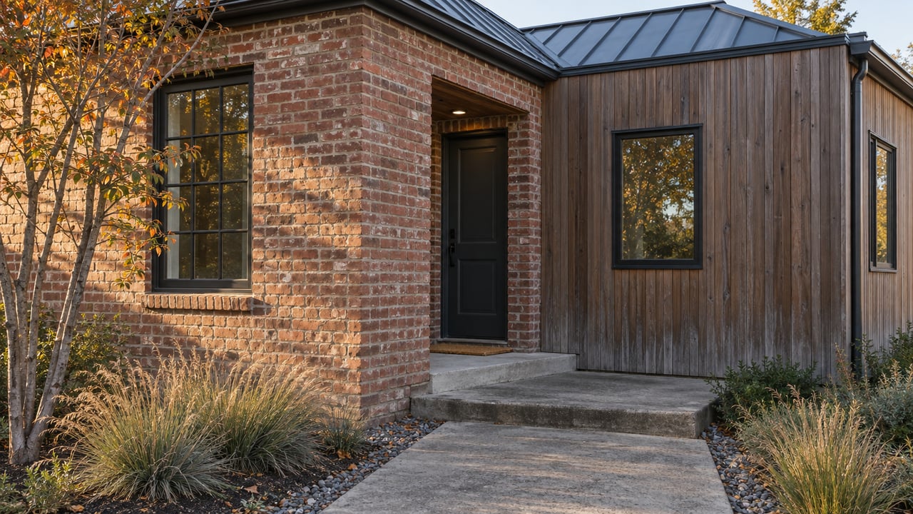 Brick house with a set-back cedar addition, dark-framed windows, and a serviceberry tree beside the entry.