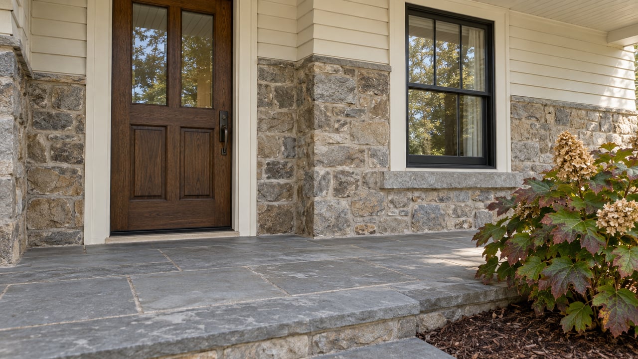 Covered entrance with a dark oak door, black-framed window, fieldstone walls and a worn bluestone porch beside an oakleaf hydrangea.