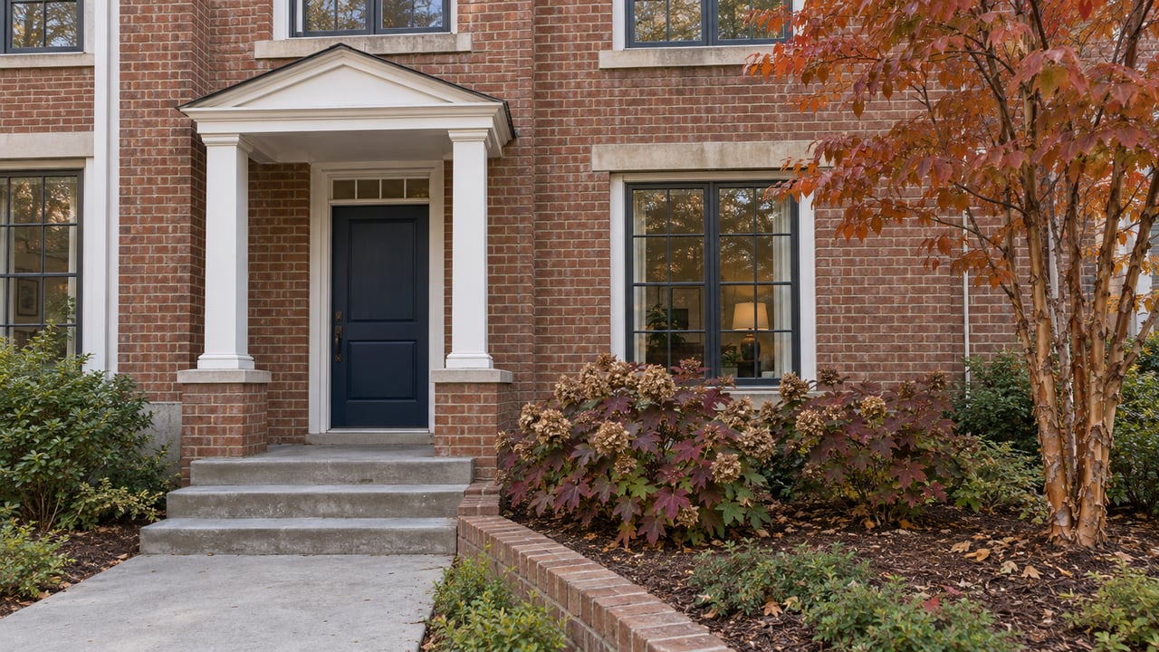 Brick townhome entrance with white columns, a navy door, broad concrete steps and autumn planting in a shallow front garden.