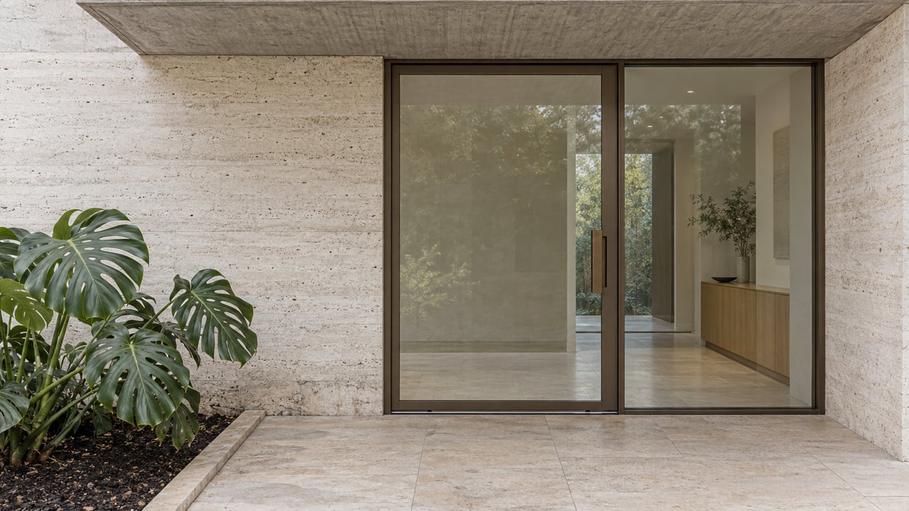 A shaded stone entrance with bronze-framed glass doors, limestone paving and a single split-leaf tropical plant.