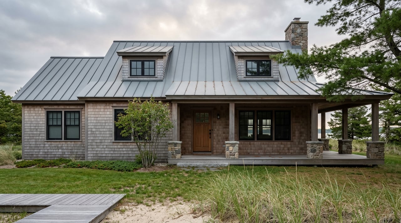 Lakefront cottage with cedar siding, a covered stone-based porch, metal roof, chimney, and pine beside sandy lawn.