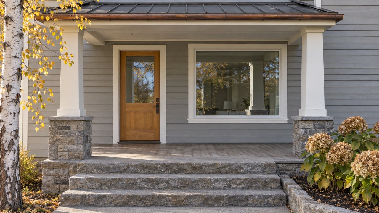 Gray clapboard home's covered porch with a wood-and-glass entry door, stone steps, white birch, and dried hydrangea blooms in morning light.