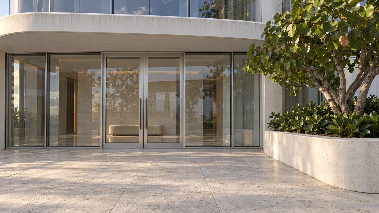 Rounded white concrete canopy above a glazed residential entrance, with pale limestone paving and a sculptural sea grape tree in a raised planter.