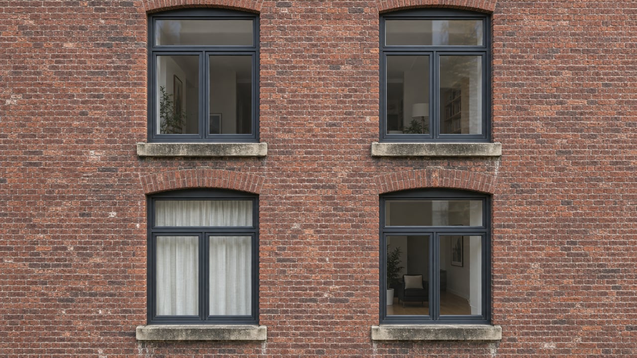 Four tall charcoal-framed residential windows set in weathered red-brown brick with pale limestone sills.