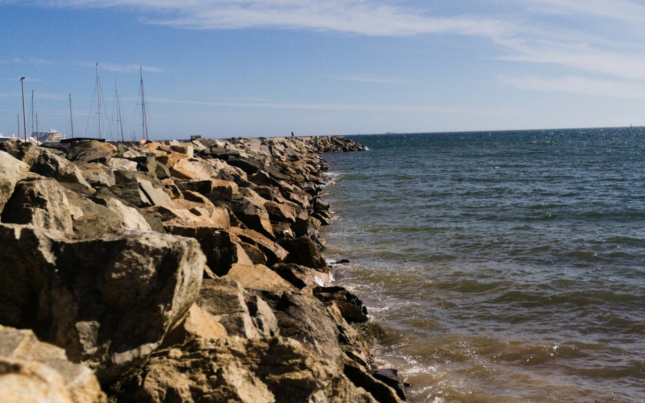 Rocky shoreline breakwater beside open water, with sailboat masts in the distance.