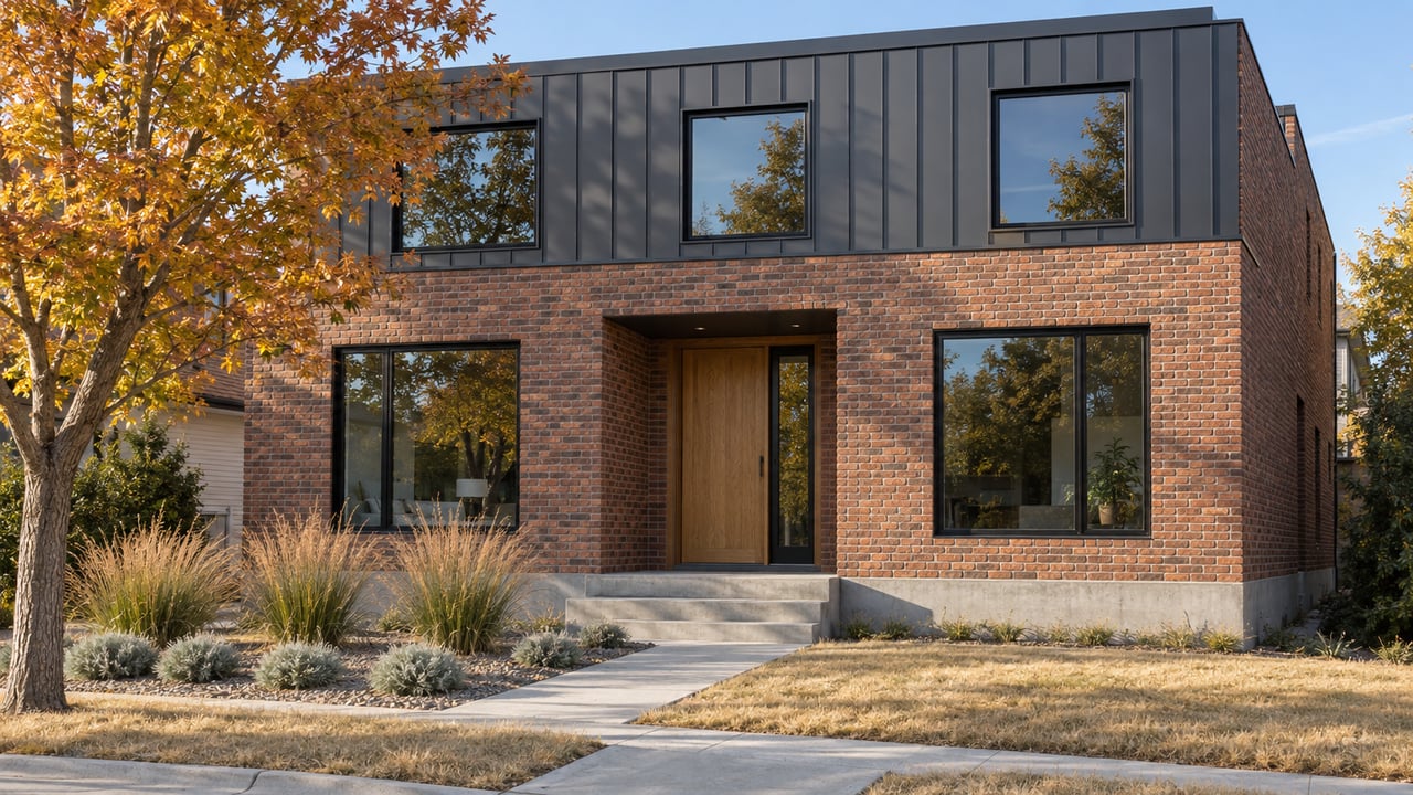 Two-story brick and charcoal-metal house with a recessed oak entry, concrete garden walk and copper-leaved tree.