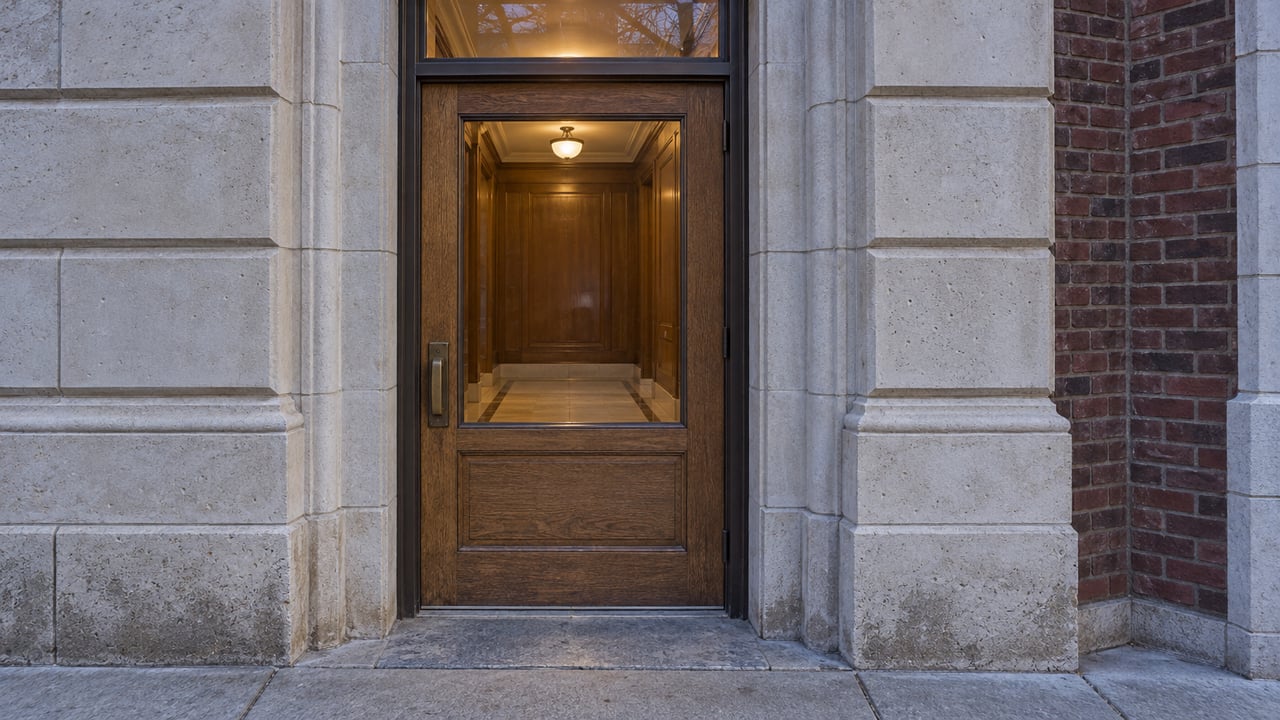 An oak and bronze glazed entrance recessed into weathered limestone beside dark-red brick, with a warmly illuminated enclosed vestibule.