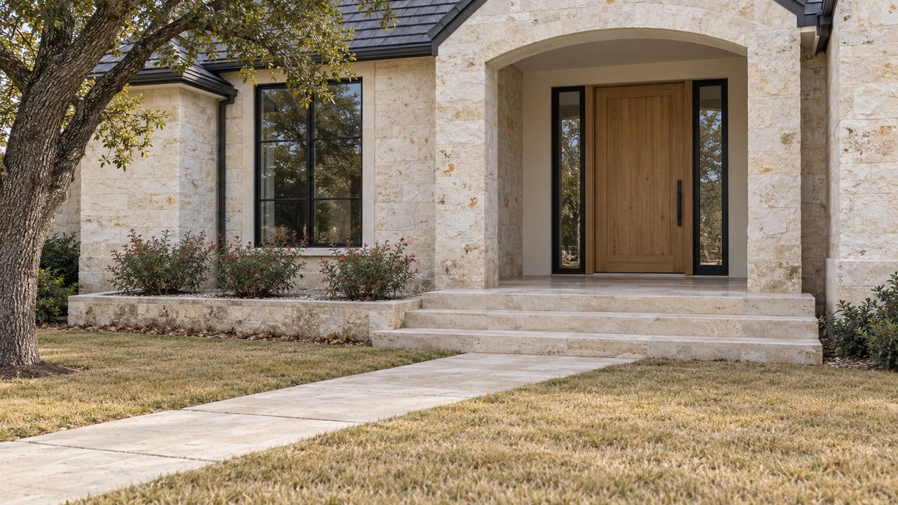 Cream limestone home with an oak front door, black-framed windows and a stone approach beside a mature oak and autumn lawn.