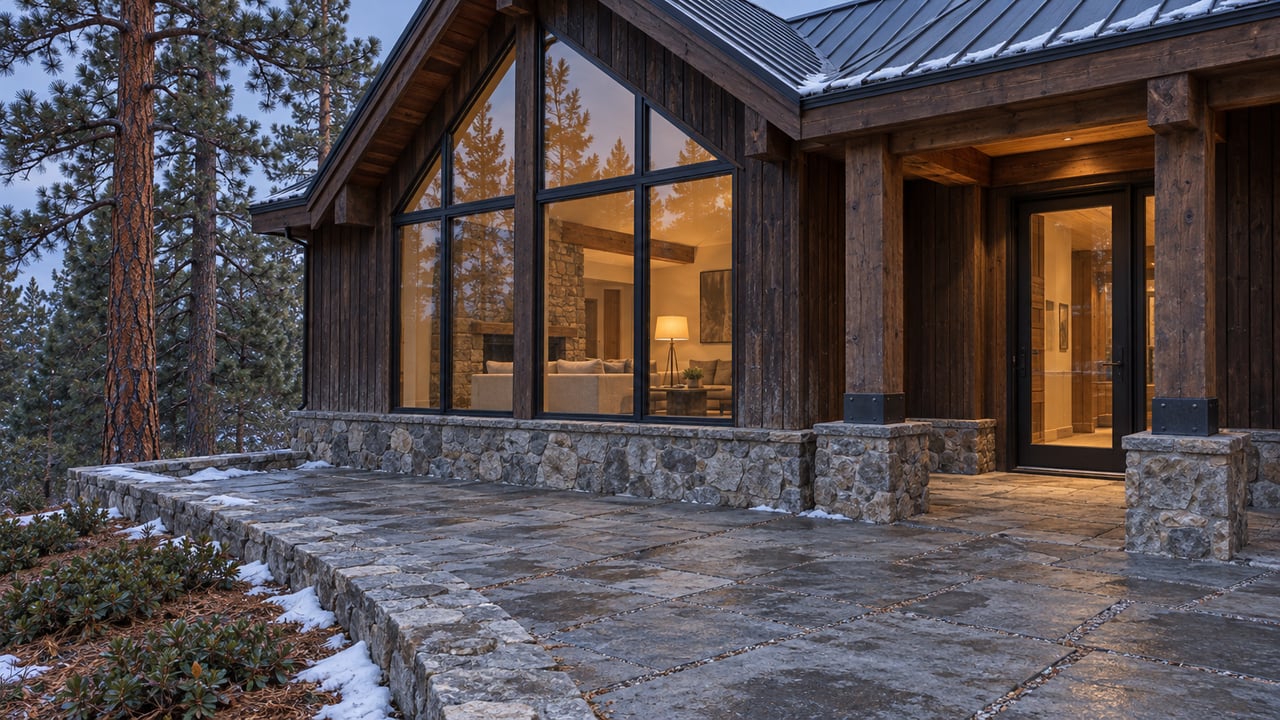 Timber and stone home at blue hour, with warm enclosed living-room windows above a damp stone terrace and snow at the edges.