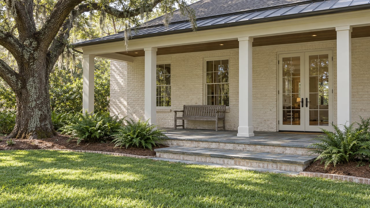 Ivory brick home with a shaded stone porch, glazed French doors, and a mature moss-draped oak beside a garden lawn.