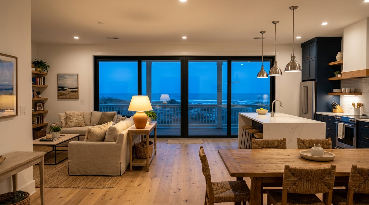 Coastal living room with a quartz island, linen seating, pendant lights, and dusk-blue sliders.