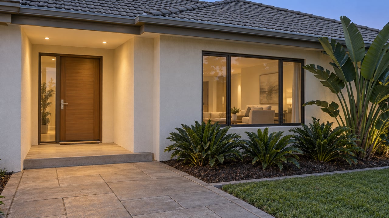 Cream stucco home entrance at blue hour with a gray tile roof, warm window light, worn paver approach and sculptural subtropical planting.