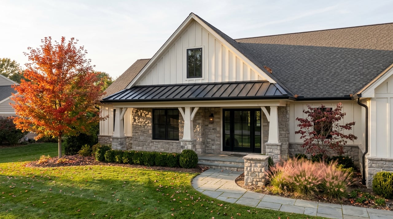 Autumn home with warm white siding, stone veneer, black entry door, curving flagstone walk, and scarlet-orange maple.