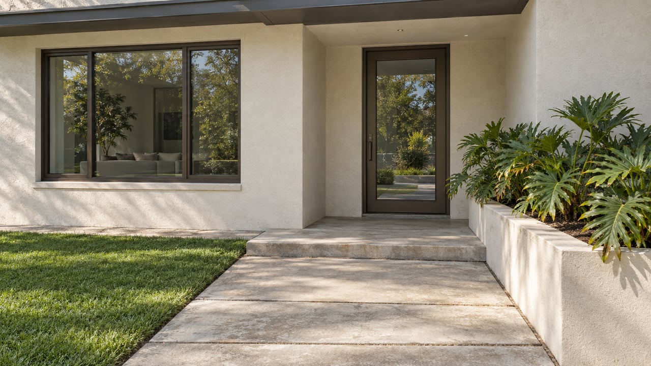 Cream stucco home entry with bronze-framed glass, a weathered concrete approach and sculptural split-leaf planting.