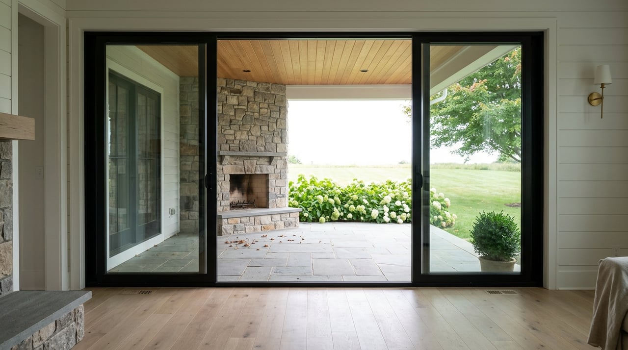 Open sliders frame a bluestone patio with a fieldstone fireplace beneath a cedar ceiling.