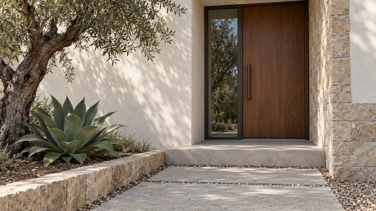 Recessed walnut entry door beside a glazed sidelight, with an olive tree and agave in a raised planting bed.