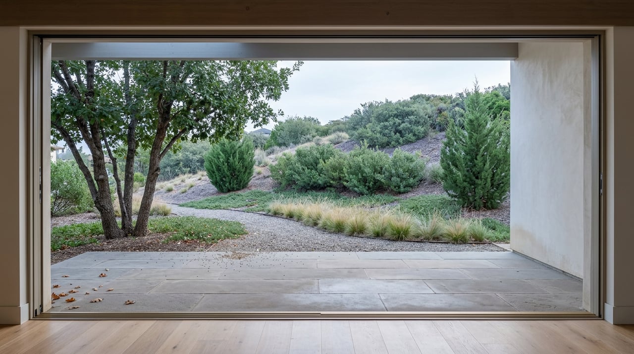 Open glass doors frame an oak floor, flagstone patio, native-planted yard, and foothill ridge.