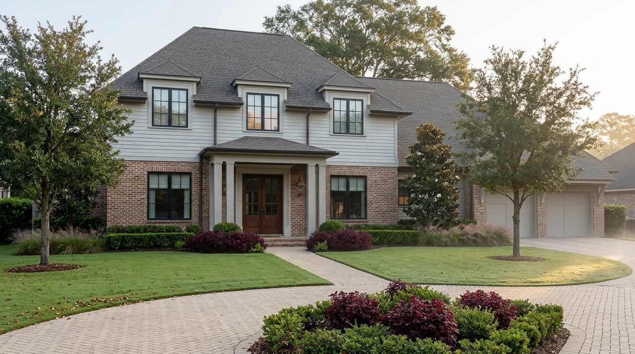 Two-story brick-and-siding home with a circular paver drive, deep lawn, covered entry, and mature trees.
