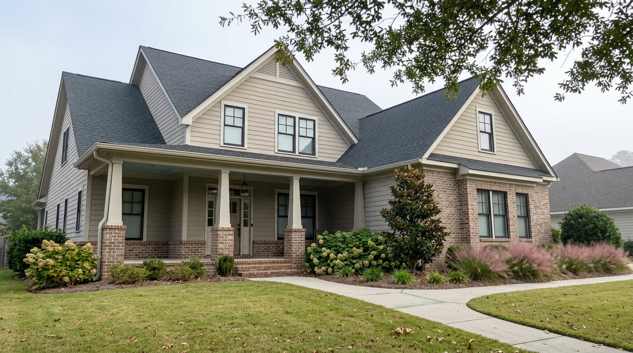 Two-story greige and brick house with a covered porch, curving walkway, broad lawn, and mature shade tree.