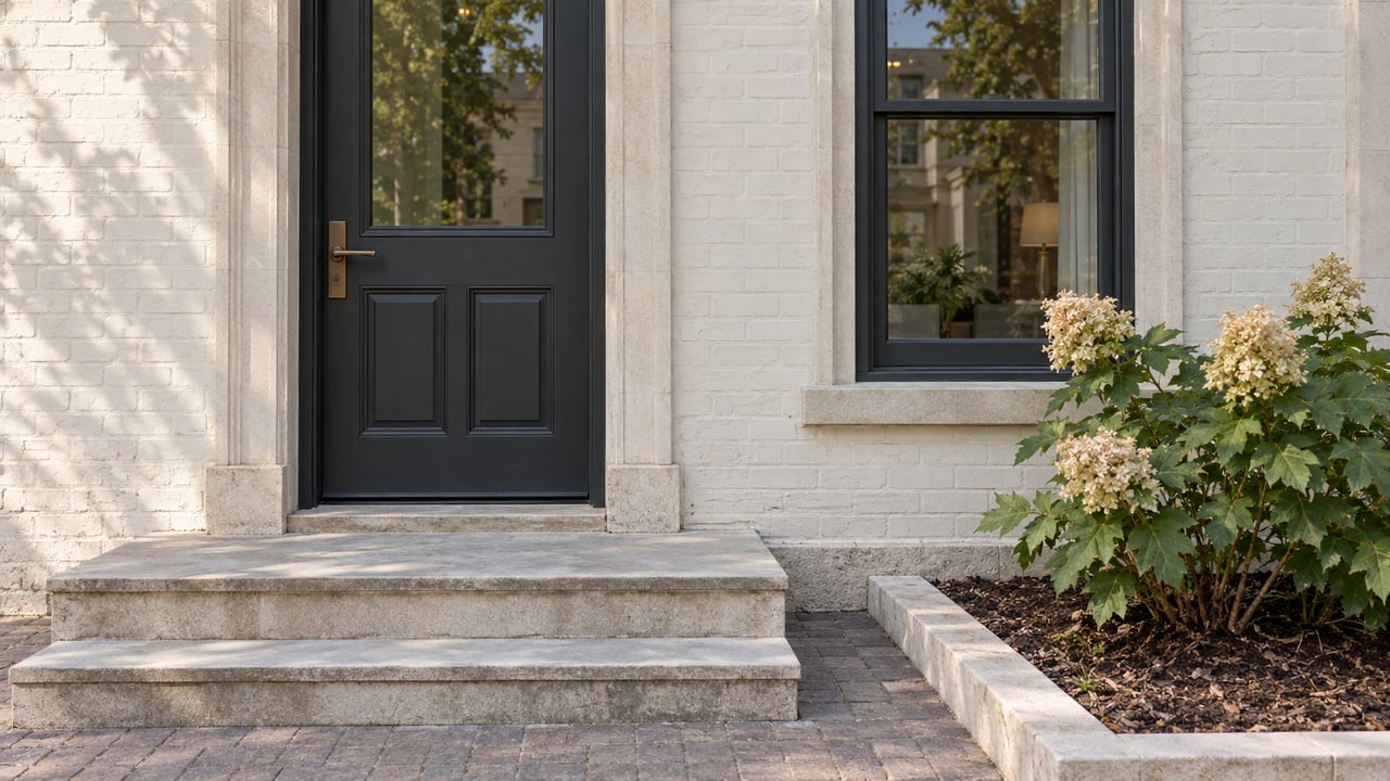 Ivory painted-brick residential entry with a charcoal door, limestone steps, a tall window and an oakleaf hydrangea.