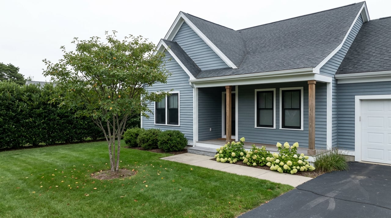 Blue-gray clapboard home with a covered porch, broad lawn, driveway, and pale green-white flowering plants.