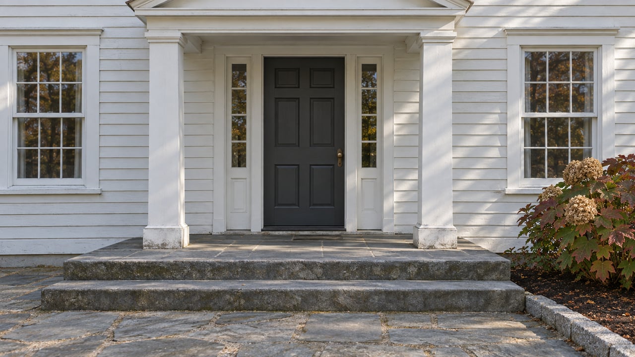 White clapboard home entrance with a charcoal door, paired sidelights and square columns above weathered bluestone steps.