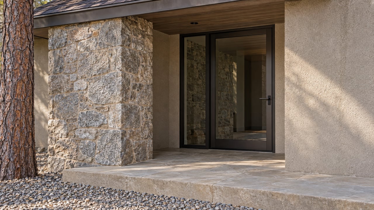 Close view of a recessed glazed home entry framed by taupe stucco and granite, with sandstone steps and a pine trunk beside gravel.