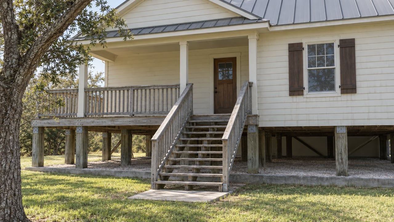 Elevated cream-sided cottage with a metal gable roof, covered porch and timber stairs above a shell parking pad and lawn.